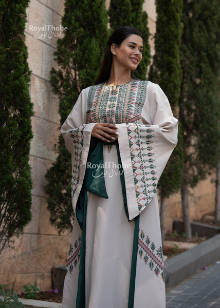 Beige/Olive Green Simple Long Full Embroidered Thobe
