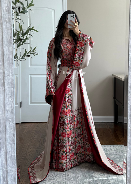 Bridal Beige/Burgundy Warda Full Embroidered Thobe