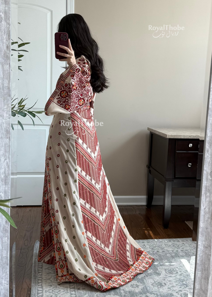 Bridal Floral Beige/ Burgundy Modern Thobe With Attached Skirt And Matching Shaleh