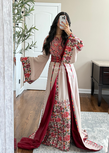 Bridal Beige/Burgundy Warda Full Embroidered Thobe