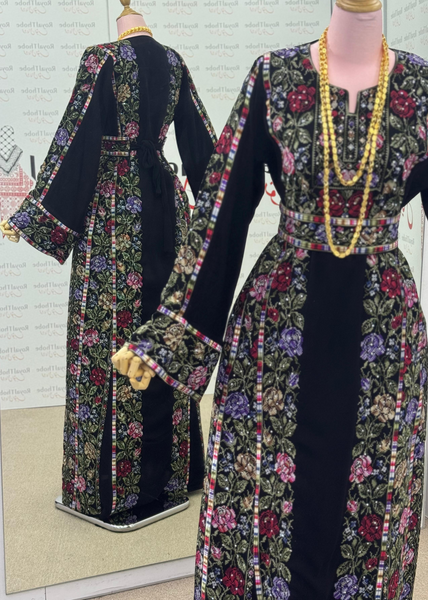 Black/Olive Green Floral Long Full Embroidered Thobe.