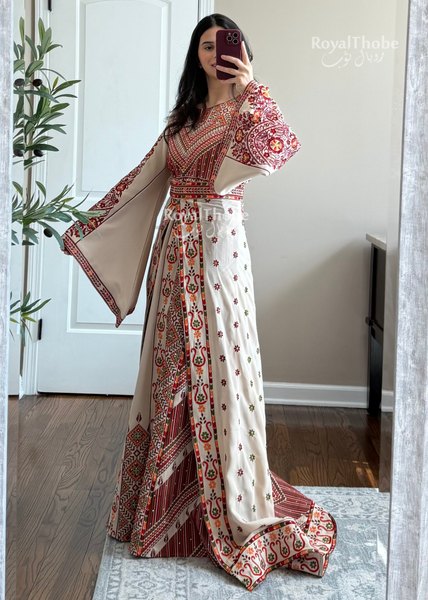 Bridal Floral Beige/ Burgundy Modern Thobe With Attached Skirt And Matching Shaleh