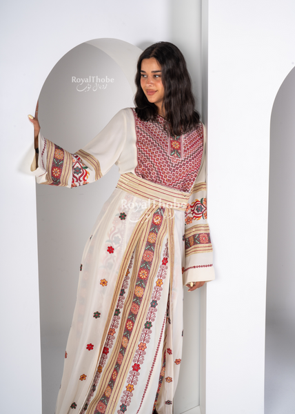 Bridal Floral Off-White Kasab Thobe With Attached Skirt And Matching Shaleh