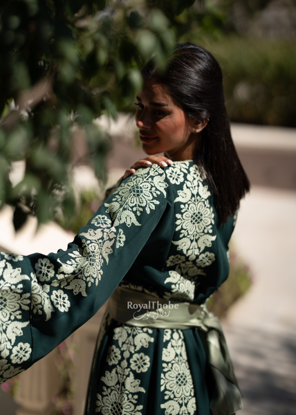 Olive & Mint Green Floral Long Full Embroidered Thobe