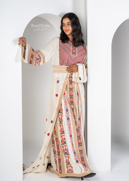 Bridal Floral Off-White Kasab Thobe With Attached Skirt And Matching Shaleh