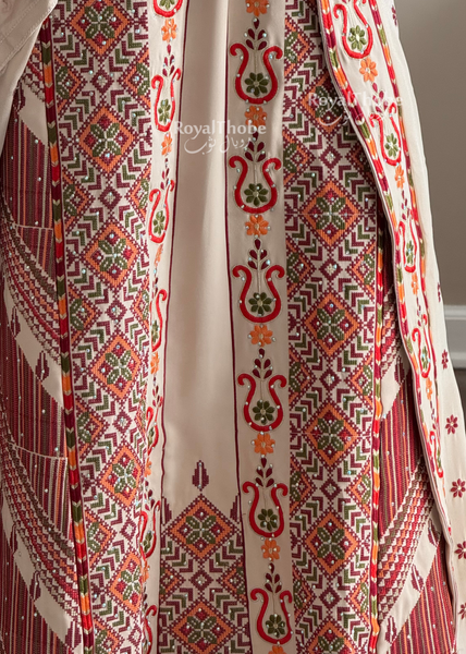 Bridal Floral Beige/ Burgundy Modern Thobe With Attached Skirt And Matching Shaleh