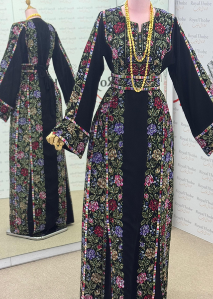 Black/Olive Green Floral Long Full Embroidered Thobe.