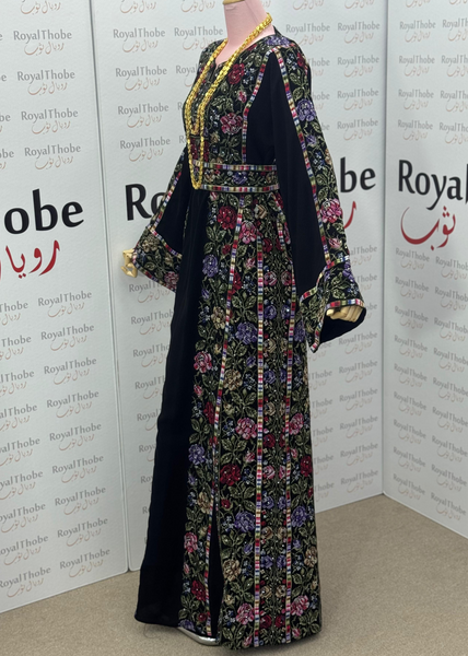 Black/Olive Green Floral Long Full Embroidered Thobe.
