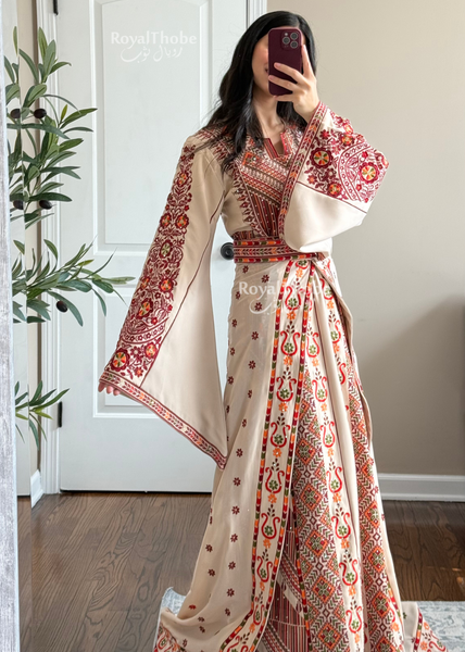 Bridal Floral Beige/ Burgundy Modern Thobe With Attached Skirt And Matching Shaleh