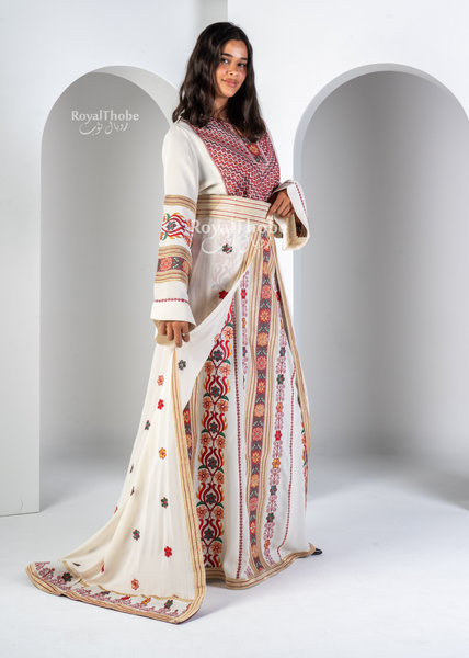 Bridal Floral Off-White Kasab Thobe With Attached Skirt And Matching Shaleh