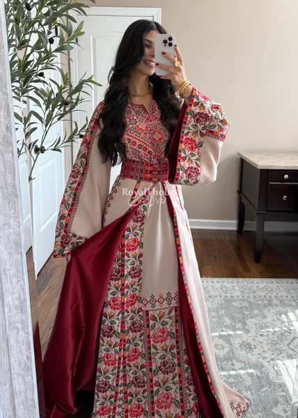 Bridal Beige/Burgundy Warda Full Embroidered Thobe