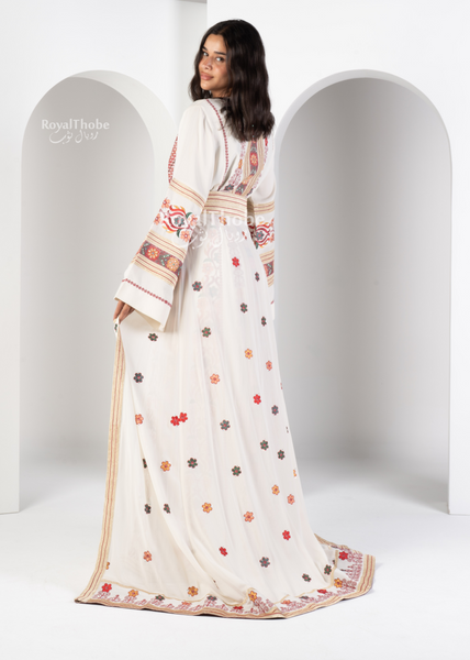 Bridal Floral Off-White Kasab Thobe With Attached Skirt And Matching Shaleh