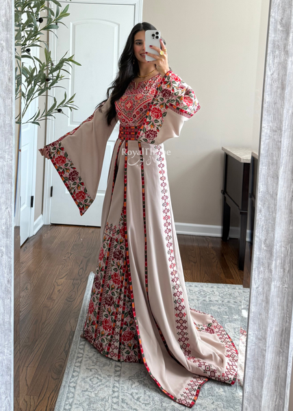 Bridal Beige/Burgundy Warda Full Embroidered Thobe