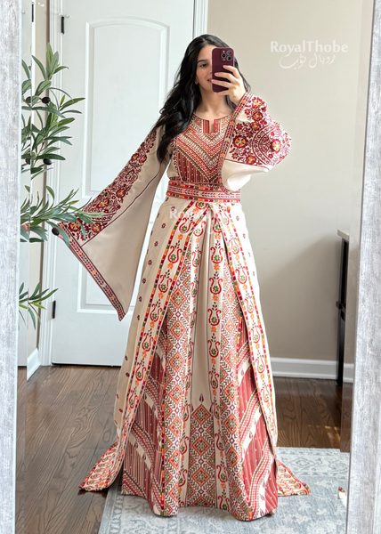 Bridal Floral Beige/ Burgundy Modern Thobe With Attached Skirt And Matching Shaleh