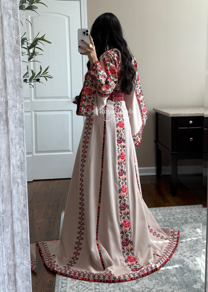 Bridal Beige/Burgundy Warda Full Embroidered Thobe