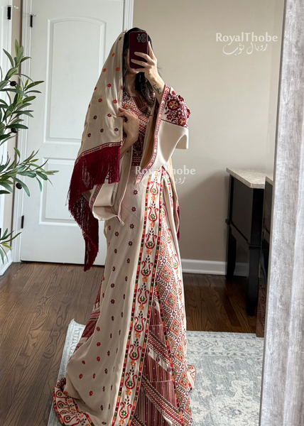 Bridal Floral Beige/ Burgundy Modern Thobe With Attached Skirt And Matching Shaleh