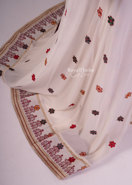 Bridal Floral Off-White Kasab Thobe With Attached Skirt And Matching Shaleh