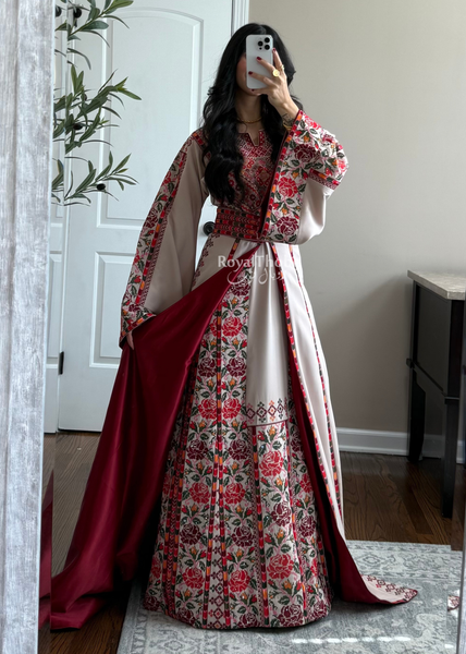 Bridal Beige/Burgundy Warda Full Embroidered Thobe