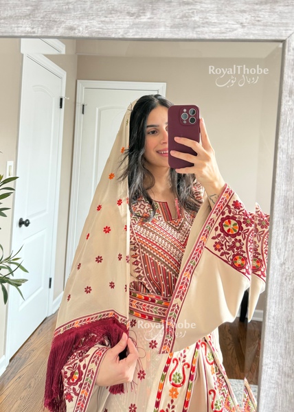 Bridal Floral Beige/ Burgundy Modern Thobe With Attached Skirt And Matching Shaleh