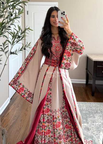 Bridal Beige/Burgundy Warda Full Embroidered Thobe