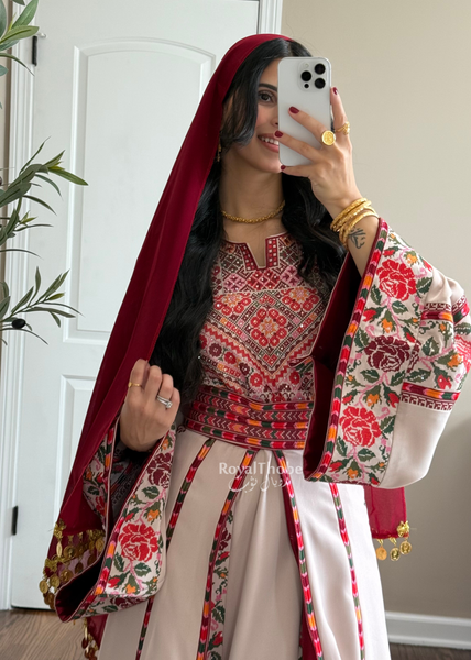 Bridal Beige/Burgundy Warda Full Embroidered Thobe