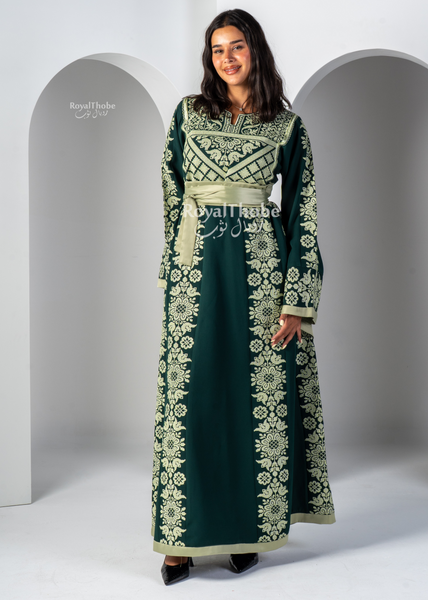 Olive & Mint Green Floral Long Full Embroidered Thobe