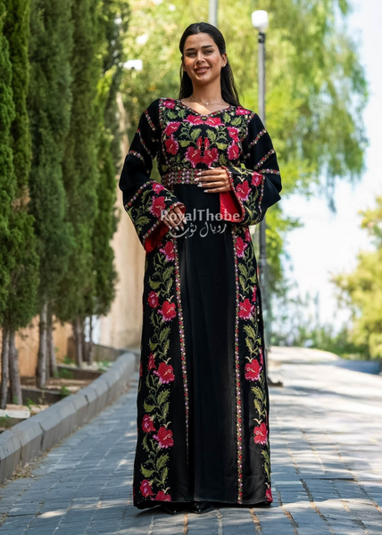 Floral Black/Red Long Full Embroidered Thobe