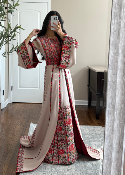 Bridal Beige/Burgundy Warda Full Embroidered Thobe
