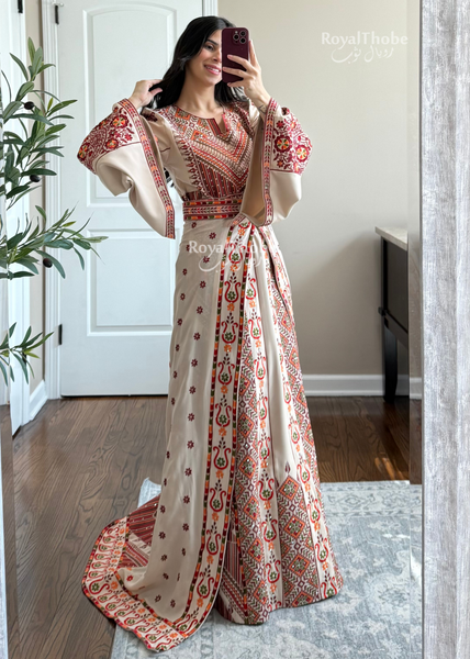 Bridal Floral Beige/ Burgundy Modern Thobe With Attached Skirt And Matching Shaleh