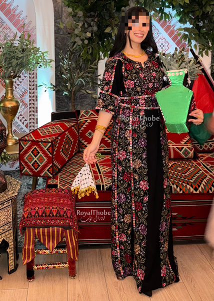 Black/Olive Green Floral Long Full Embroidered Thobe.