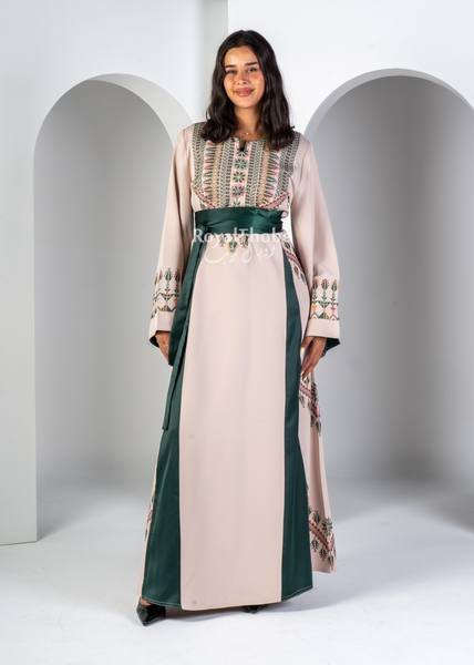 Beige/Olive Green Simple Long Full Embroidered Thobe