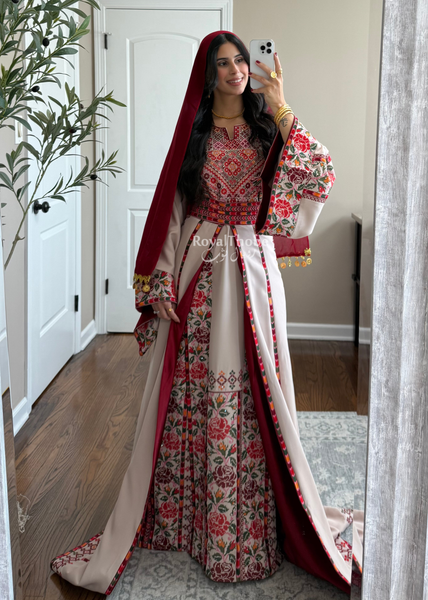 Bridal Beige/Burgundy Warda Full Embroidered Thobe