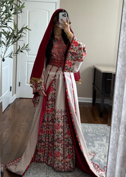 Bridal Beige/Burgundy Warda Full Embroidered Thobe