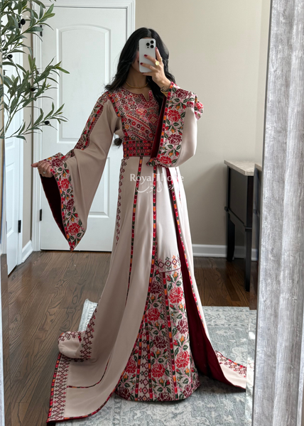 Bridal Beige/Burgundy Warda Full Embroidered Thobe