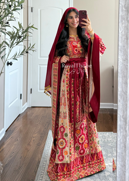 Dark Red/Beige Satin Maleka Full Embroidered Thobe