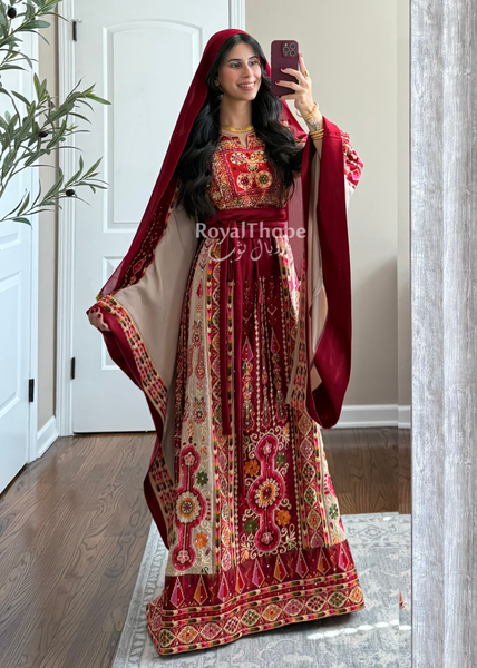 Dark Red/Beige Satin Maleka Full Embroidered Thobe