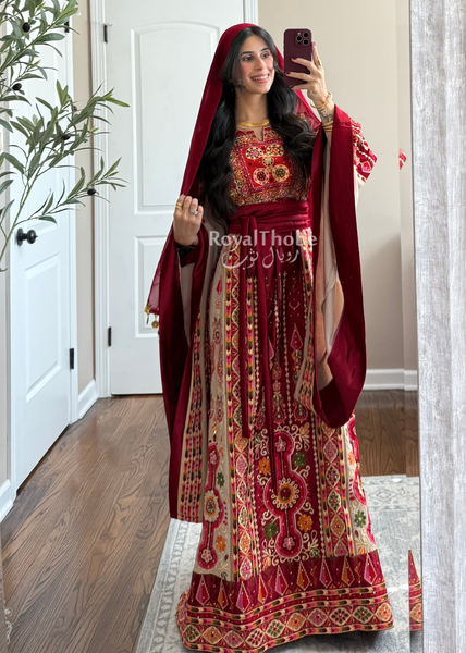 Dark Red/Beige Satin Maleka Full Embroidered Thobe