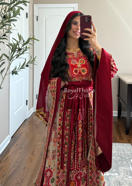 Dark Red/Beige Satin Maleka Full Embroidered Thobe