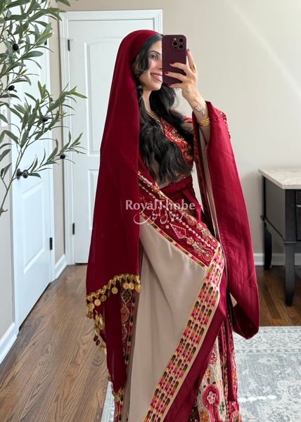 Dark Red/Beige Satin Maleka Full Embroidered Thobe