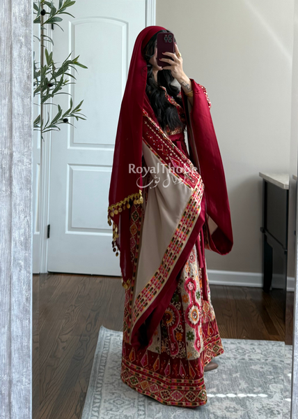 Dark Red/Beige Satin Maleka Full Embroidered Thobe