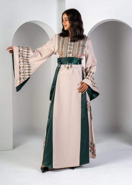 Beige/Olive Green Simple Long Full Embroidered Thobe