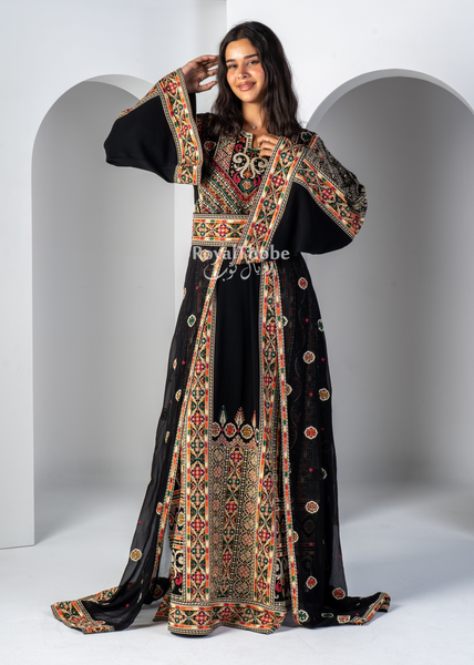 Black/ Gold Floral Diamond Traditional Long Full Embroidered Thobe