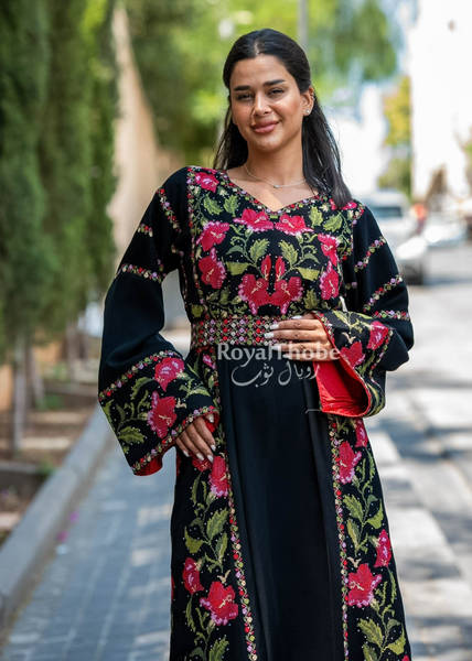 Floral Black/Red Long Full Embroidered Thobe