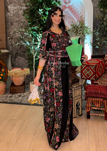 Black/Olive Green Floral Long Full Embroidered Thobe.