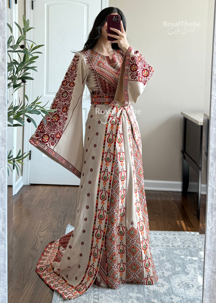 Bridal Floral Beige/ Burgundy Modern Thobe With Attached Skirt And Matching Shaleh