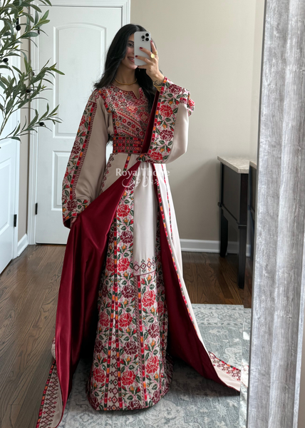Bridal Beige/Burgundy Warda Full Embroidered Thobe