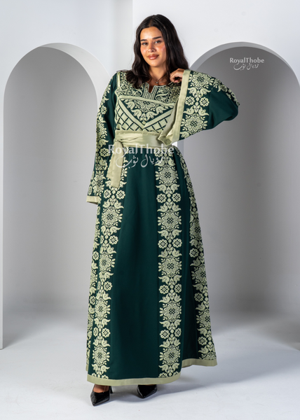 Olive & Mint Green Floral Long Full Embroidered Thobe