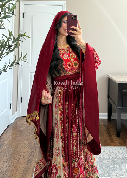 Dark Red/Beige Satin Maleka Full Embroidered Thobe