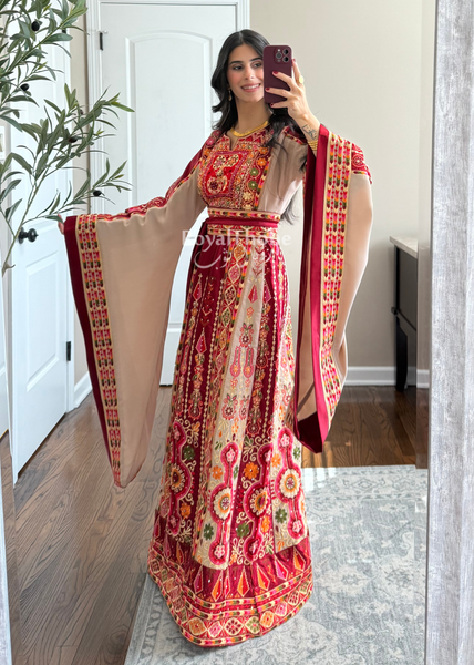 Dark Red/Beige Satin Maleka Full Embroidered Thobe