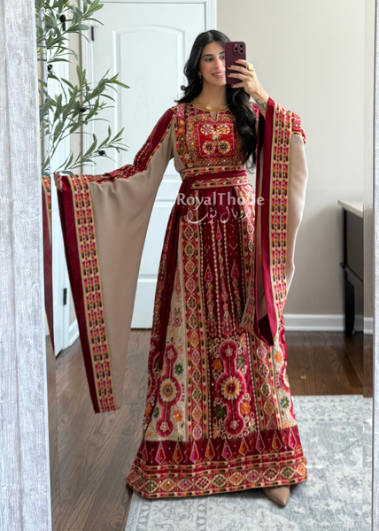 Dark Red/Beige Satin Maleka Full Embroidered Thobe